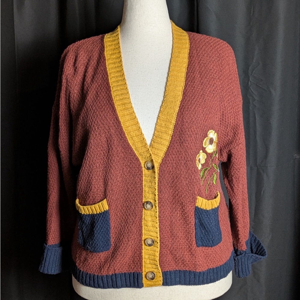 Unique Vintage Brown and Mustard Embroidered Sweater Cardigan
